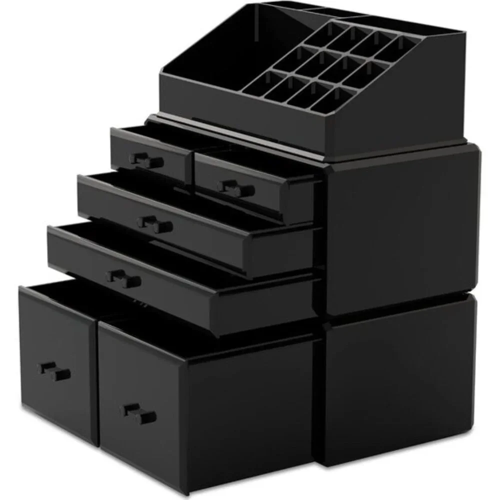 New 3-Piece Makeup Organizer, Black Cosmetic Storage Case with 6 Drawers